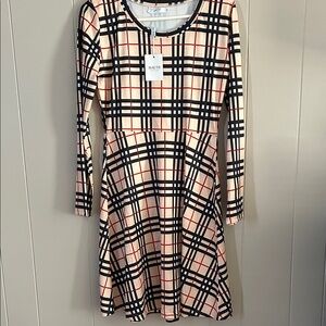 Haute Edition Plaid Long Sleeve Dress - Black and Cream